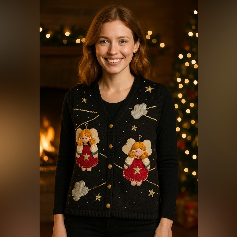 Bobbie Brooks M Black Angel Ramie Cotton Holiday Cardigan Vest